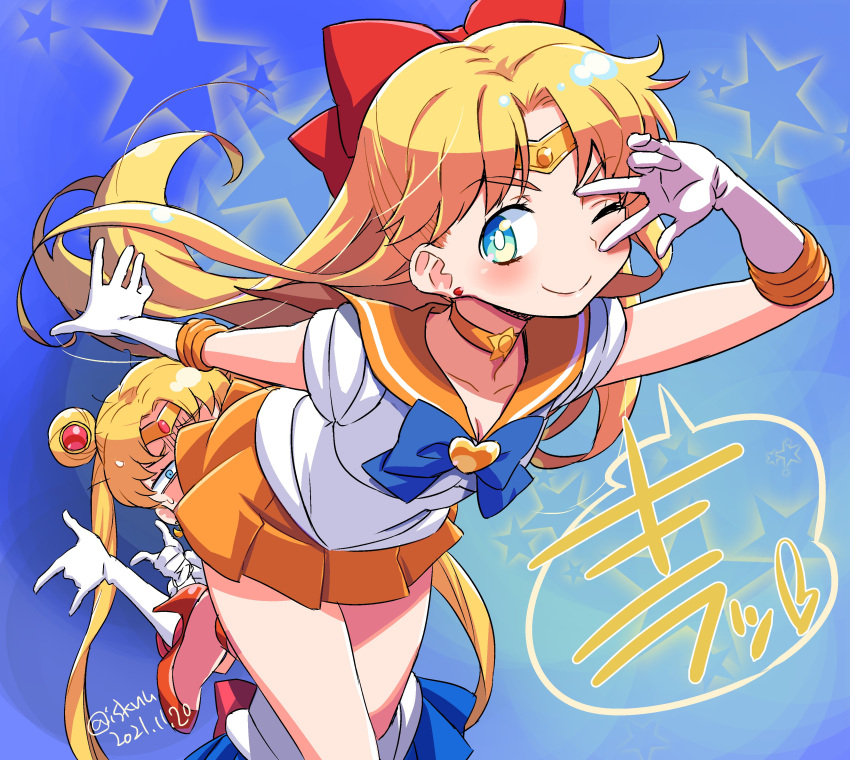 2021 2girls absurdres aino_minako bishoujo_senshi_sailor_moon blonde_hair blue_background blue_eyes blue_skirt bow choker dated double_bun earrings eyelashes gloves hair_bow hair_ornament happy highres isedaichi_ken jewelry long_hair looking_at_viewer magical_girl multiple_girls one_eye_closed orange_choker orange_skirt pose sailor_moon sailor_senshi_uniform sailor_venus shirt skirt smile tiara translation_request tsuki_ni_kawatte_oshioki_yo tsukino_usagi twintails v white_gloves white_shirt