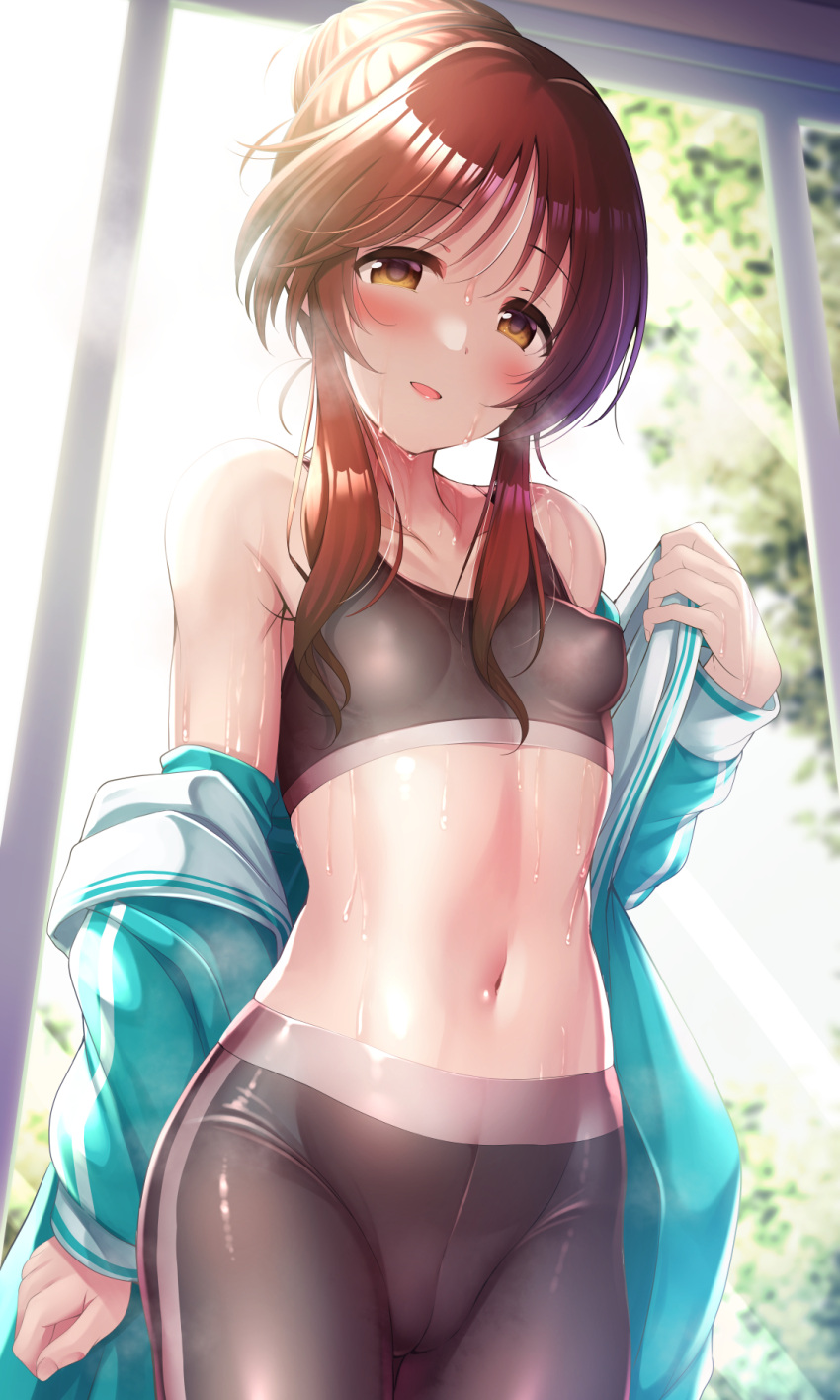 aqua_jacket bangs black_bra black_legwear blurry blurry_background blush bra breasts brown_hair collarbone commentary_request covered_nipples eyebrows_visible_through_hair groin hair_bun highres idolmaster idolmaster_cinderella_girls indoors jacket jacket_over_shoulder jacket_removed leggings long_hair looking_at_viewer ment midriff navel parted_lips small_breasts smile solo sports_bra steam sweat sweating_profusely takamori_aiko track_jacket underwear window yellow_eyes