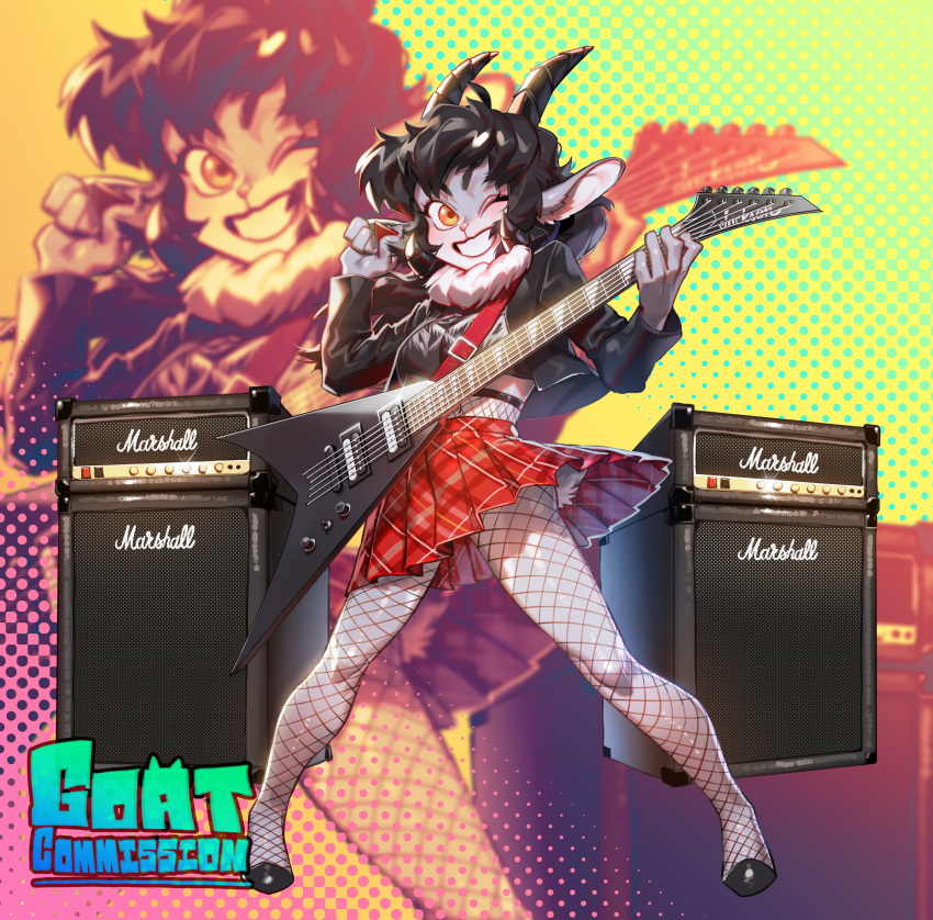 4_horns absurd_res anthro black_hair bottomwear bovid caprine clothing dakota_(kaggy1) female fishnet goatdraw grey_body guitar guitar_amp hair hi_res hooves horn jacket leather leather_clothing leather_jacket leather_topwear mammal multi_horn musical_instrument neck_tuft one_eye_closed pattern_bottomwear pattern_clothing pattern_skirt plaid plaid_bottomwear plaid_clothing plaid_skirt plucked_string_instrument sheep skirt smile smiling_at_viewer solo string_instrument topwear tuft wink yellow_eyes