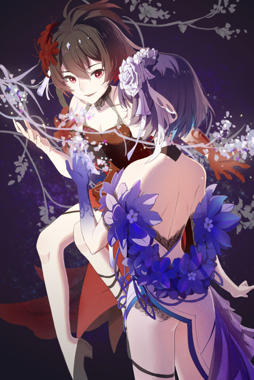 2girls absurdres backless_dress backless_outfit bangs bare_shoulders blue_background blue_gloves blue_hair bob_cut china_dress chinese_clothes chinese_new_year dress flower gloves hair_flower hair_ornament highres honkai_(series) honkai_impact_3rd medium_hair multiple_girls off-shoulder_dress off_shoulder rafaelaaa red_dress red_flower red_gloves red_hair seele_(alter_ego) seele_vollerei seele_vollerei_(stygian_nymph) white_dress white_flower