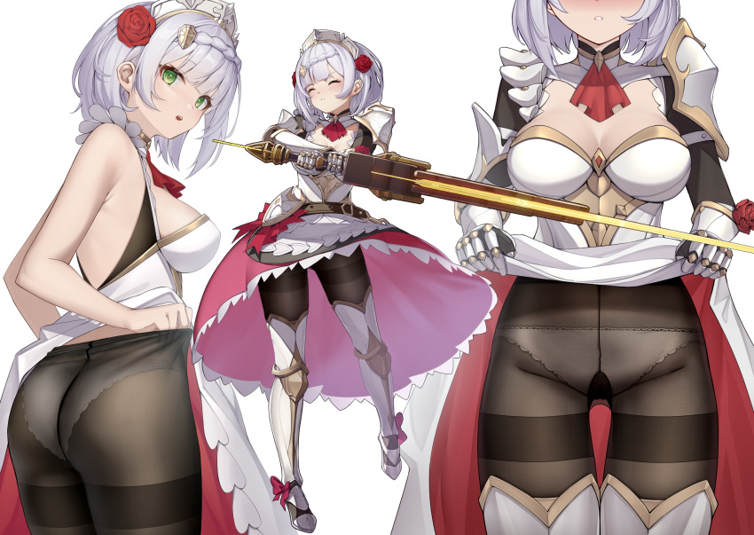 1girl ass black_legwear blush breasts cleavage clothes_lift flower genshin_impact green_eyes hair_flower hair_ornament highres holding holding_sword holding_weapon looking_at_viewer medium_breasts noelle_(genshin_impact) panties panties_under_pantyhose pantyhose red_flower red_rose rose short_hair simple_background skirt skirt_lift sword terebi_(shimizu1996) thighs underwear weapon white_background white_hair