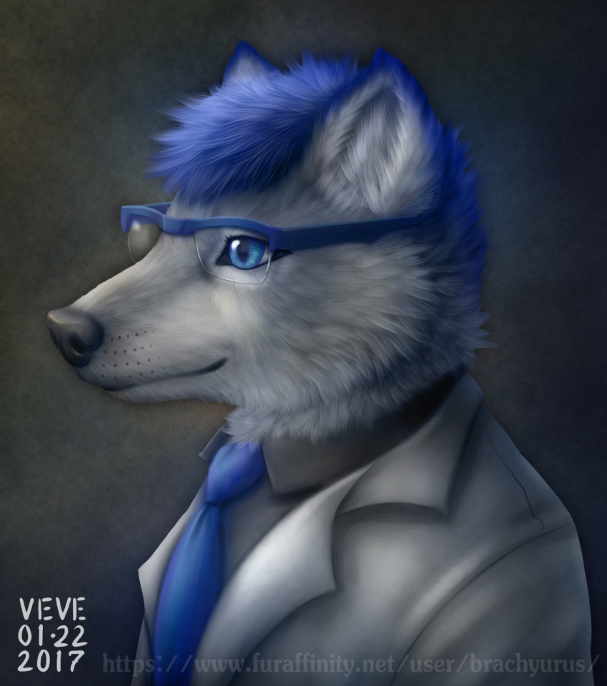 2017 anthro black_lips black_nose blue_body blue_ears blue_eyes blue_eyewear blue_fur blue_glasses blue_hair blue_necktie bust_portrait canid canine cheek_tuft clothing coat dated eyewear facial_tuft fox fur glasses glistening glistening_eyes hair hi_res inner_ear_fluff lips male mammal neck_tuft necktie portrait side_view signature simple_background skyelegs solo square_glasses text topwear tuft url white_clothing white_coat white_inner_ear_fluff white_topwear