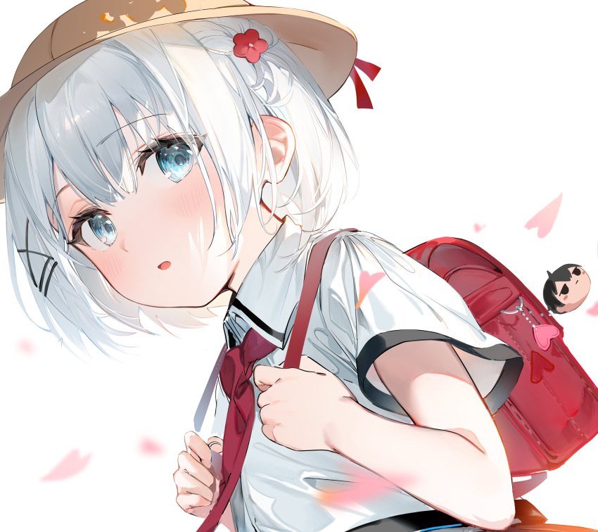 1girl absurdres backpack bag bag_charm bangs blue_eyes blush charm_(object) child collared_shirt dutch_angle grey_hair hair_ornament hat highres kimitsuka_kimihiko looking_at_viewer necktie official_art parted_lips randoseru red_necktie school_hat second-party_source shirt short_sleeves sidelocks siesta_(tantei_wa_mou_shindeiru) solo tantei_wa_mou_shindeiru umibouzu_(niito) upper_body white_shirt x_hair_ornament yellow_headwear younger