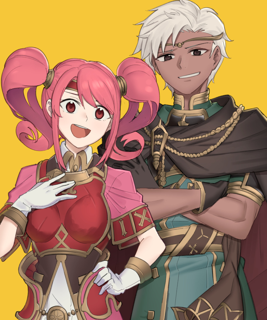 1boy 1girl armor boey_(fire_emblem) breastplate brown_cape brown_eyes cape crossed_arms dark-skinned_male dark_skin ebinku fire_emblem fire_emblem_echoes:_shadows_of_valentia gloves green_robe grey_gloves grin hand_on_hip hand_on_own_chest highres looking_at_viewer mae_(fire_emblem) open_mouth pink_hair red_armor red_eyes sidelocks smile twintails white_gloves white_hair