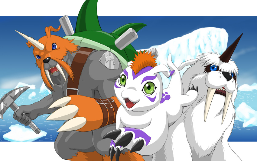 16:10 2008 ambiguous_gender arctic bandai_namco blue_eyes claws day detailed_background digimon digimon_(species) digital_media_(artwork) fangs feral fur gomamon green_eyes grey_body group hair hi_res holding_object horn iceberg ikkakumon looking_at_another mohawk multicolored_body open_mouth orange_body orange_fur pickaxe red_hair sabertooth_(anatomy) sachiryu sea sky teeth two_tone_body wallpaper water white_bars white_body white_fur widescreen zudomon