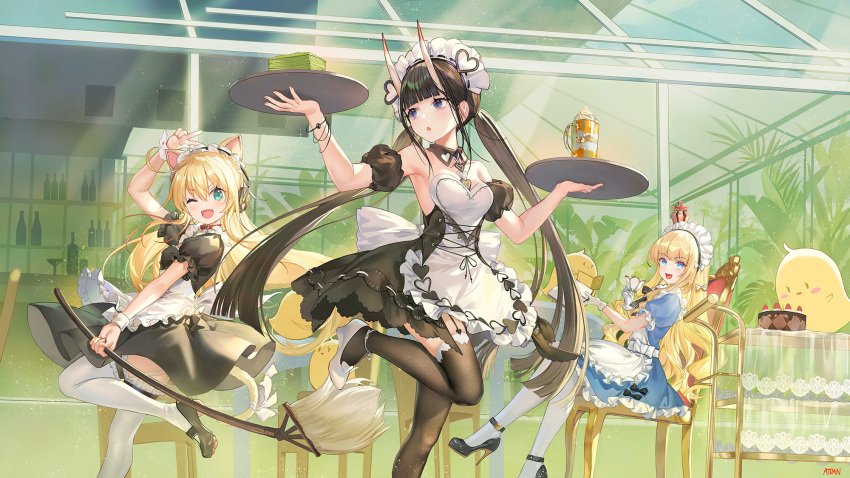 3girls :o ;d albacore_(azur_lane) animal_ears apron arm_up armpits atdan azur_lane bangs bar bare_shoulders black_dress black_eyes black_footwear black_hair black_legwear blonde_hair blue_dress blue_eyes blunt_bangs blush bracelet breasts broom cake cat_ears cat_girl cat_tail character_request cleavage collarbone creature cup detached_sleeves dress drink eyebrows_visible_through_hair flower food frilled_dress frilled_sleeves frills garter_straps heart high_heels highres holding holding_broom holding_cup holding_tray horns indoors jewelry leg_up long_hair looking_to_the_side low_twintails maid maid_headdress manjuu_(azur_lane) medium_breasts multiple_girls noshiro_(azur_lane) one_eye_closed oni_horns open_mouth pantyhose puffy_short_sleeves puffy_sleeves queen_elizabeth_(azur_lane) ribbon short_sleeves signature sitting skin-covered_horns smile standing standing_on_one_leg strapless strapless_dress tail tail_ornament tail_ribbon teacup thighhighs tray twintails v very_long_hair waist_apron white_apron white_flower white_legwear white_ribbon