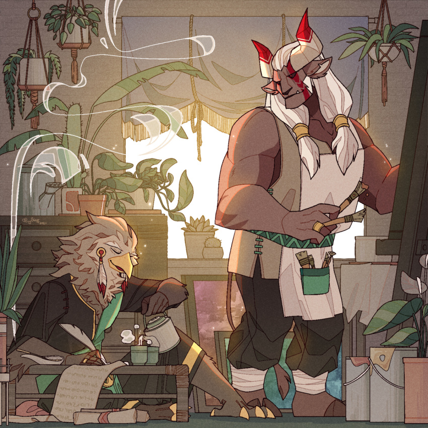 accipitrid accipitriform afk_arena anoki_(afk_arena) anthro apron avian beverage bird bovid clothing curtains hi_res light male mammal painting plant plant_pot rayoriens skriath_(afk_arena) smoke sunlight tea tribal_clothing window writing_(disambiguation)