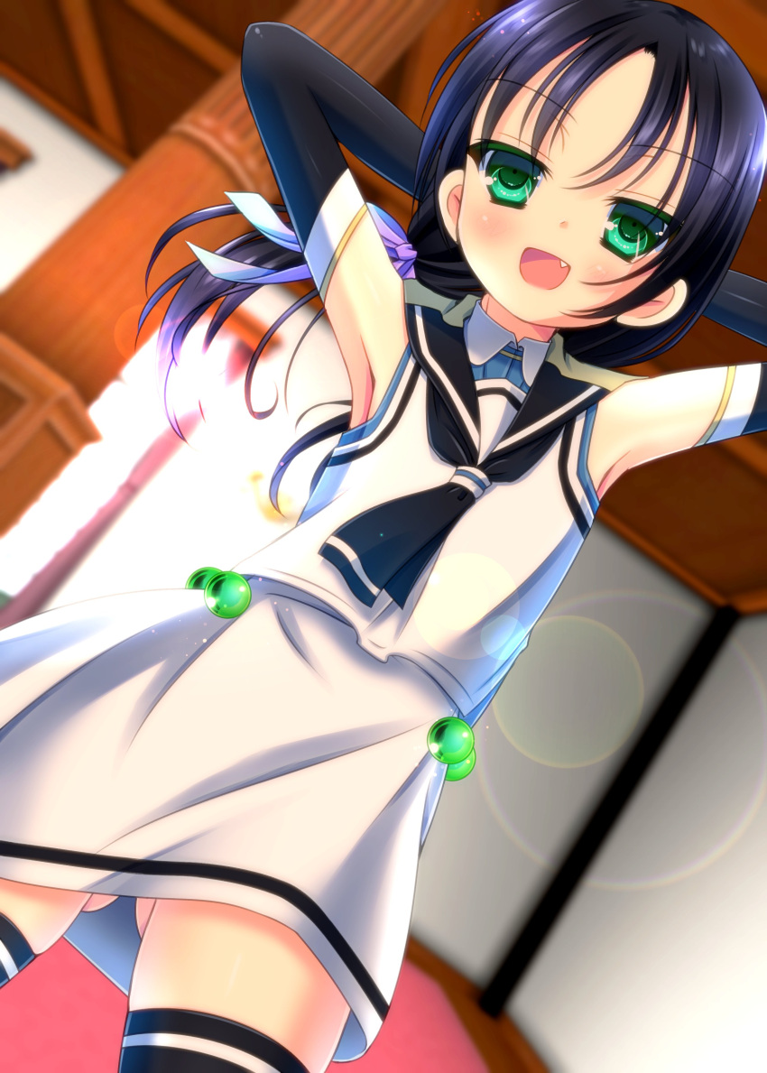 1girl absurdres arms_behind_head ass_visible_through_thighs black_hair black_legwear black_neckerchief black_sailor_collar chisamikan commentary_request dutch_angle elbow_gloves fang gloves green_eyes highres kantai_collection long_hair looking_at_viewer low_twintails neckerchief ribbon sailor_collar school_uniform serafuku skirt sleeveless smile solo suzukaze_(kancolle) thighhighs twintails white_skirt
