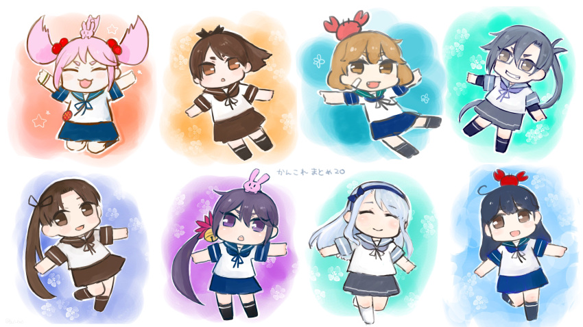 absurdres ahoge akebono_(kancolle) amagiri_(kancolle) animal_on_head asymmetrical_bangs ayanami_(kancolle) bandaid bandaid_on_face bangs bell black_hair black_legwear blue_hairband blue_sailor_collar blue_skirt brown_eyes brown_hair brown_sailor_collar brown_skirt bunny bunny_on_head chibi crab_on_head dress flower full_body fuzino glasses grey-framed_eyewear grey_eyes grey_hair grey_sailor_collar grey_skirt hair_bell hair_flower hair_ornament hairband highres jingle_bell kantai_collection kneehighs long_hair looking_at_viewer oboro_(kancolle) on_head outstretched_arms pink_hair pleated_dress pleated_skirt ponytail purple_eyes purple_hair sagiri_(kancolle) sailor_collar sazanami_(kancolle) school_uniform serafuku shikinami_(kancolle) short_hair short_sleeves side_ponytail silver_hair skirt swept_bangs twintails ushio_(kancolle) very_long_hair