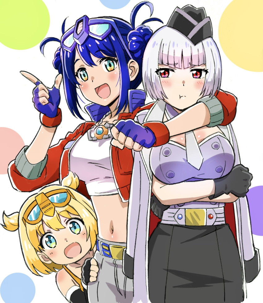 3girls arm_around_shoulder belt black_gloves black_skirt blonde_hair blue_belt blue_eyes blue_gloves breasts bumblebee crop_top eyebrows_visible_through_hair eyewear_on_head finger_gun fingerless_gloves genderswap genderswap_(mtf) gloves grey_belt grey_jacket grey_shorts hair_behind_ear highres jacket jacket_on_shoulders jewelry komagoma kotobukiya_bishoujo matrix_of_leadership medium_breasts megatron megatron_(kotobukiya_bishoujo) midriff multiple_girls navel necklace open_mouth optimus_prime optimus_prime_(kotobukiya_bishoujo) personification red_jacket shirt short_hair shorts skirt smile transformers two_side_up white_shirt