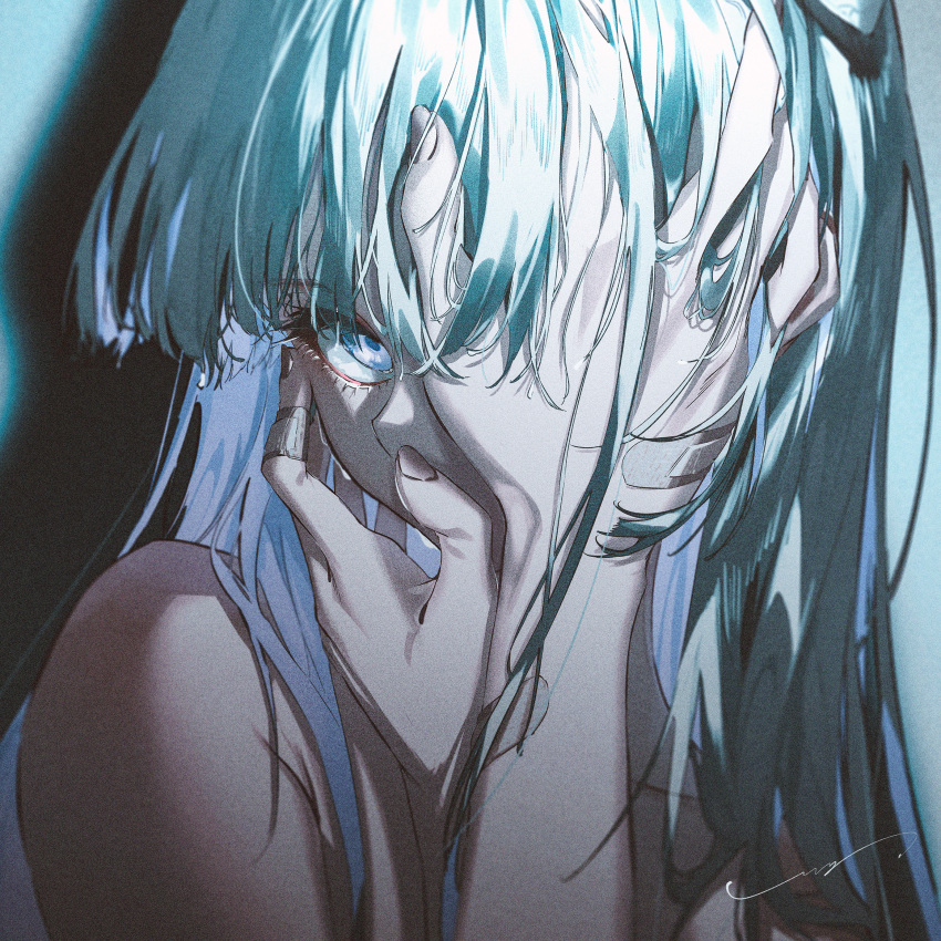 1girl absurdres bangs blue_eyes blue_hair blurry blurry_background collarbone commentary_request depth_of_field eyebrows_visible_through_hair hands_on_own_face highres long_hair looking_at_viewer nude original rolua solo upper_body