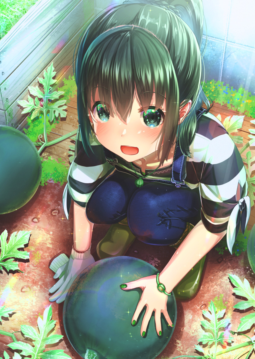 1girl :d abo_(kawatasyunnnosukesabu) black_hair blush eyebrows_visible_through_hair food fruit garden gardening green_eyes green_nails hair_between_eyes highres looking_at_viewer open_mouth original overalls ponytail sidelocks smile solo squatting watermelon