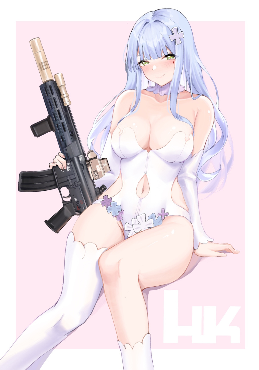 1girl 1z10 assault_rifle bare_shoulders breasts cleavage clothing_cutout detached_collar detached_sleeves facial_mark girls'_frontline gun h&amp;k_hk416 hair_ornament highres hk416_(girls'_frontline) holding holding_gun holding_weapon invisible_chair kneehighs large_breasts leotard long_hair looking_at_viewer navel navel_cutout rifle silver_hair single_kneehigh single_thighhigh sitting smile solo thighhighs weapon white_legwear white_leotard