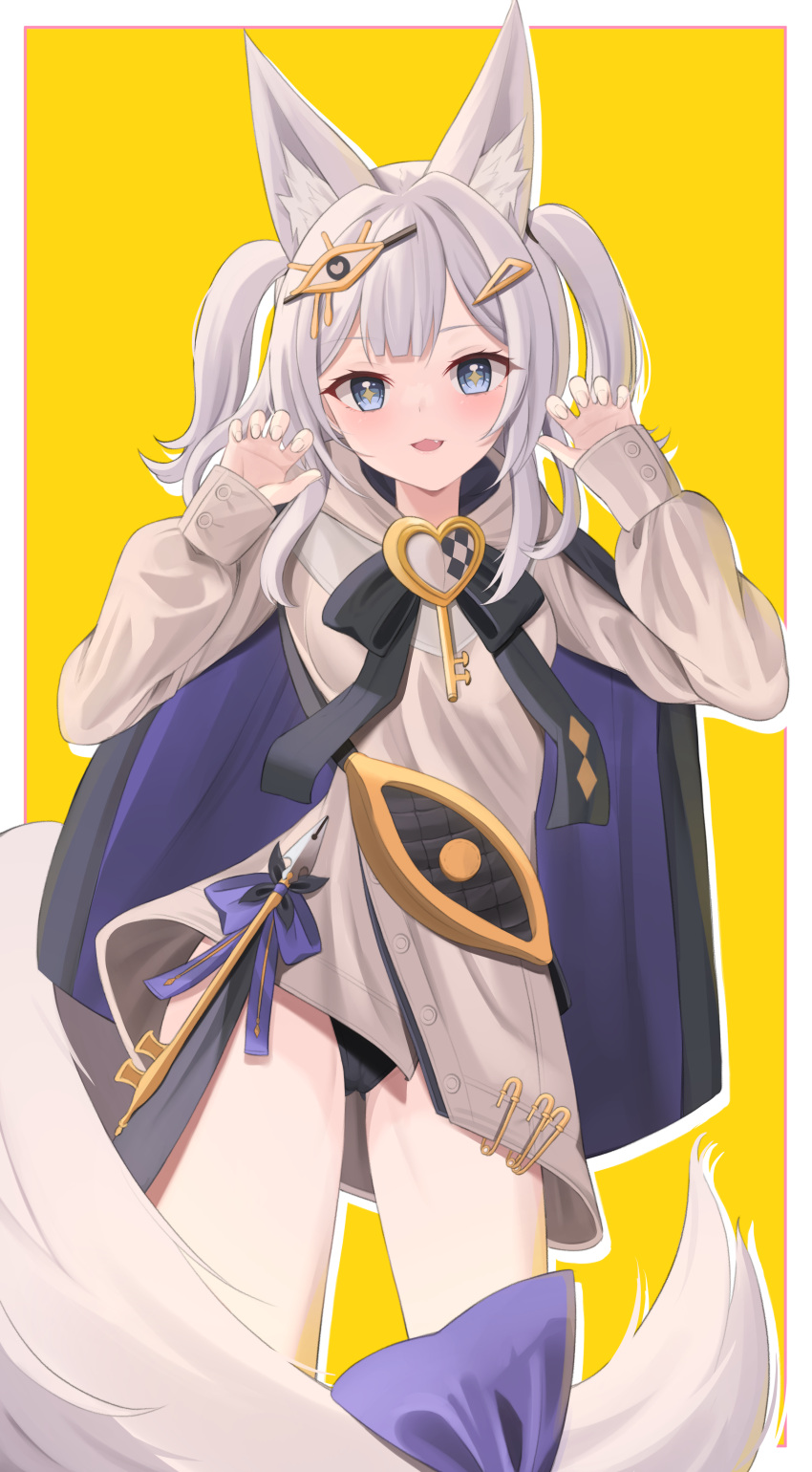 1girl :d absurdres animal_ear_fluff animal_ears ass_visible_through_thighs black_panties blue_eyes brown_hoodie character_request claw_pose commentary_request fang grey_hair hair_ornament hairclip hands_up heart highres hood hood_down hoodie key koiten_production long_hair long_sleeves looking_at_viewer panties puffy_long_sleeves puffy_sleeves sleeves_past_wrists smile solo starfox1015 tail two_side_up underwear virtual_youtuber yellow_background