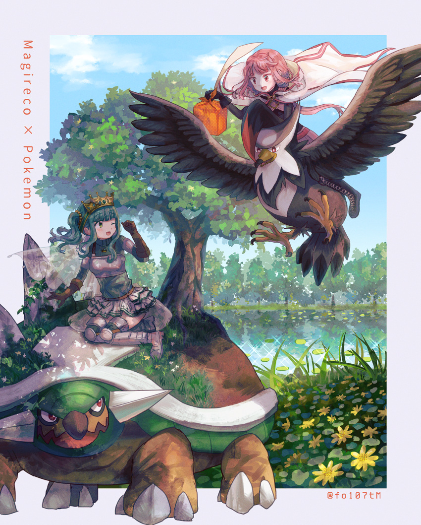 2girls bird braviary crown eagle futaba_sana green_hair highres magia_record:_mahou_shoujo_madoka_magica_gaiden magical_girl mahou_shoujo_madoka_magica multiple_girls nature outdoors pink_hair plant pokemon tamaki_iroha torterra totte tree turtle