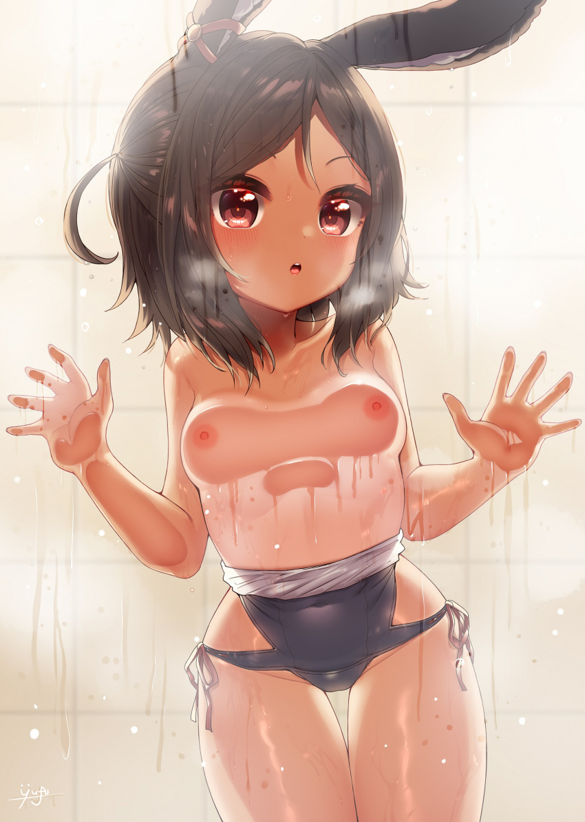 1girl against_glass animal_ears azur_lane bathroom blue_swimsuit blush breast_press breasts breasts_on_glass breasts_out brown_eyes brown_hair clothes_pull commentary_request covered_navel dark-skinned_female dark_skin detached_collar ear_ribbon highres i-26_(azur_lane) indoors looking_at_viewer nipples nontraditional_school_swimsuit one-piece_swimsuit rabbit_ears ribbon-trimmed_swimsuit ribbon_trim sailor_collar school_swimsuit short_hair shower_(place) side-tie_swimsuit small_breasts solo steam swimsuit swimsuit_pull thigh_gap tile_wall tiles water wet white_sailor_collar yufukiri
