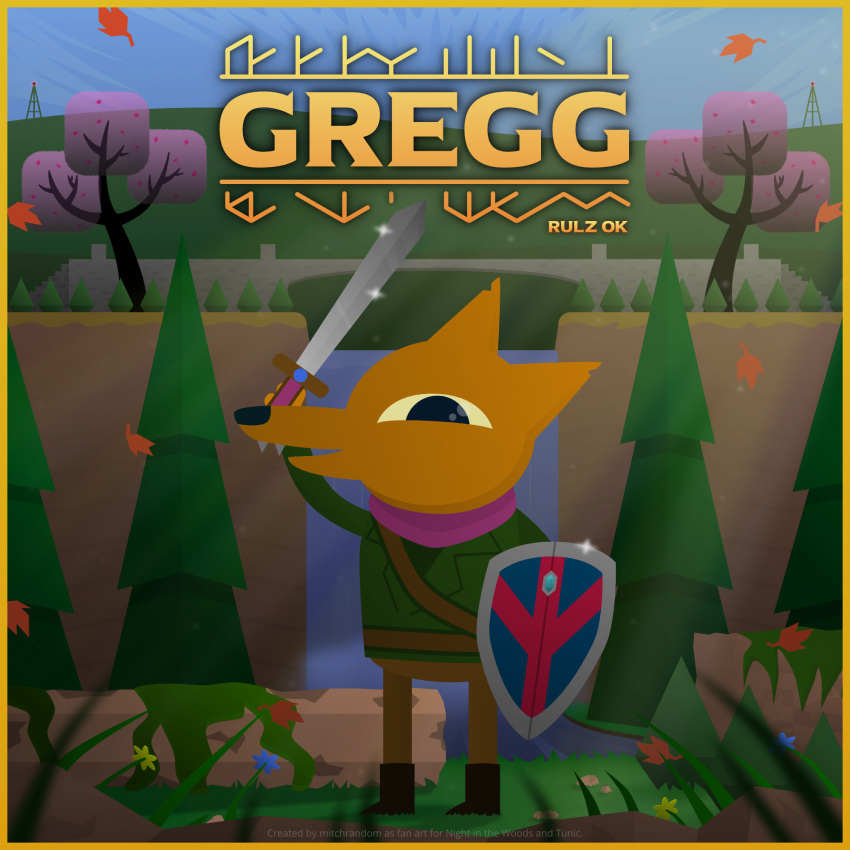 1boy autumn_leaves boots brown_pants character_name company_connection crossover english_commentary flower furry furry_male grass gregg_lee highres holding holding_sword holding_weapon logo_parody male_focus mitchrandom night_in_the_woods outdoors pants shield solo standing sword tree tunic_(game) water watermark weapon
