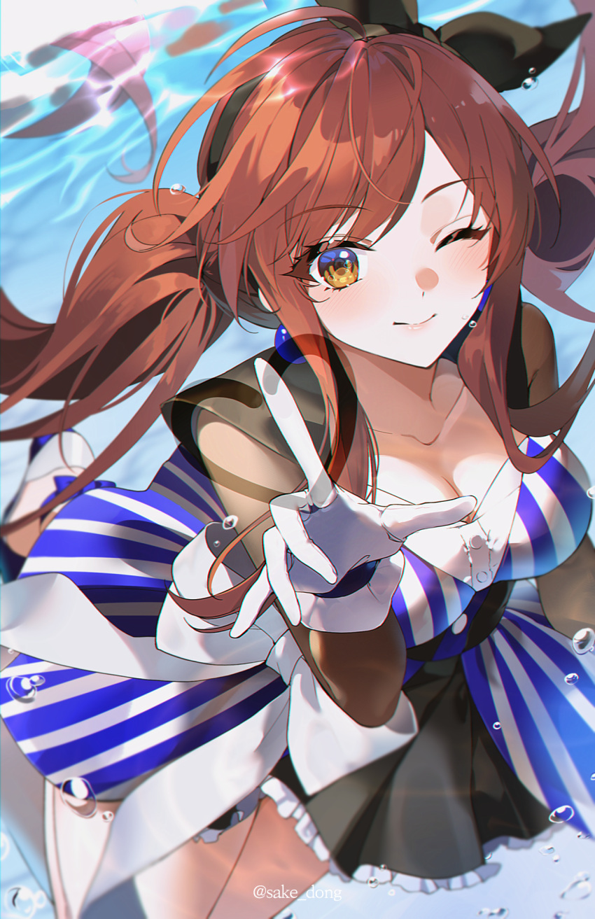 1girl air_bubble alternate_hairstyle bangs banned_artist blue_dress blush breasts brown_hair bubble cleavage closed_mouth dress eyebrows_visible_through_hair gloves highres idolmaster idolmaster_shiny_colors long_hair looking_at_viewer one_eye_closed oosaki_amana sake_dong smile solo striped striped_dress submerged swept_bangs twintails underwater vertical-striped_dress vertical_stripes white_gloves yellow_eyes