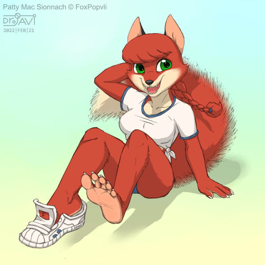 2022 anthro black_nose breasts canid canine clothed clothing drjavi female footwear fox fur gradient_background green_eyes hair hi_res mammal open_mouth patricia_mac_sionnach ponytail red_body red_fur red_hair shoes simple_background solo