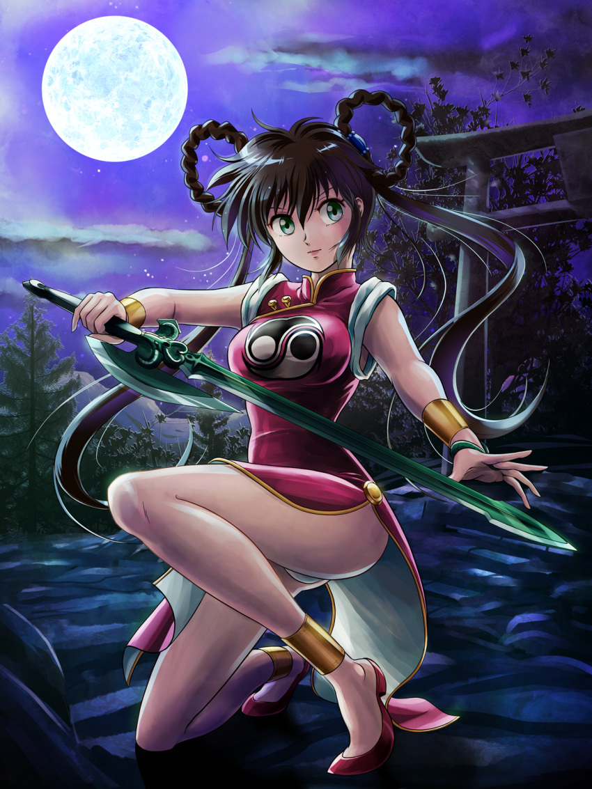 1girl artist_request bracer breasts brown_hair china_dress chinese_clothes closed_mouth dress green_eyes hair_rings highres holding holding_sword holding_weapon large_breasts long_hair mamono_hunter_youko mano_youko moon night outdoors panties pantyshot red_dress red_footwear solo source_request sword twintails underwear very_long_hair weapon yin_yang