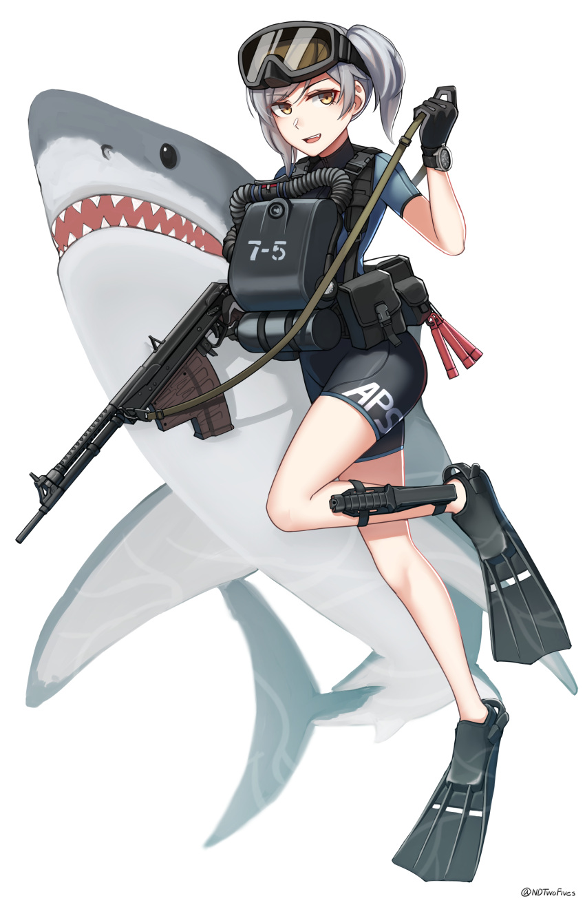 1girl :d absurdres animal aps_rifle aps_rifle_(girls'_frontline)_(ndtwofives) bangs black_gloves bodysuit brown_eyes commentary_request eyebrows_visible_through_hair flippers full_body girls'_frontline gloves goggles goggles_on_head grey_hair gun hand_up highres holding holding_gun holding_strap holding_weapon looking_at_viewer ndtwofives original rebreather scuba scuba_gear shark short_sleeves side_ponytail simple_background smile solo twitter_username watch weapon wetsuit white_background wristwatch