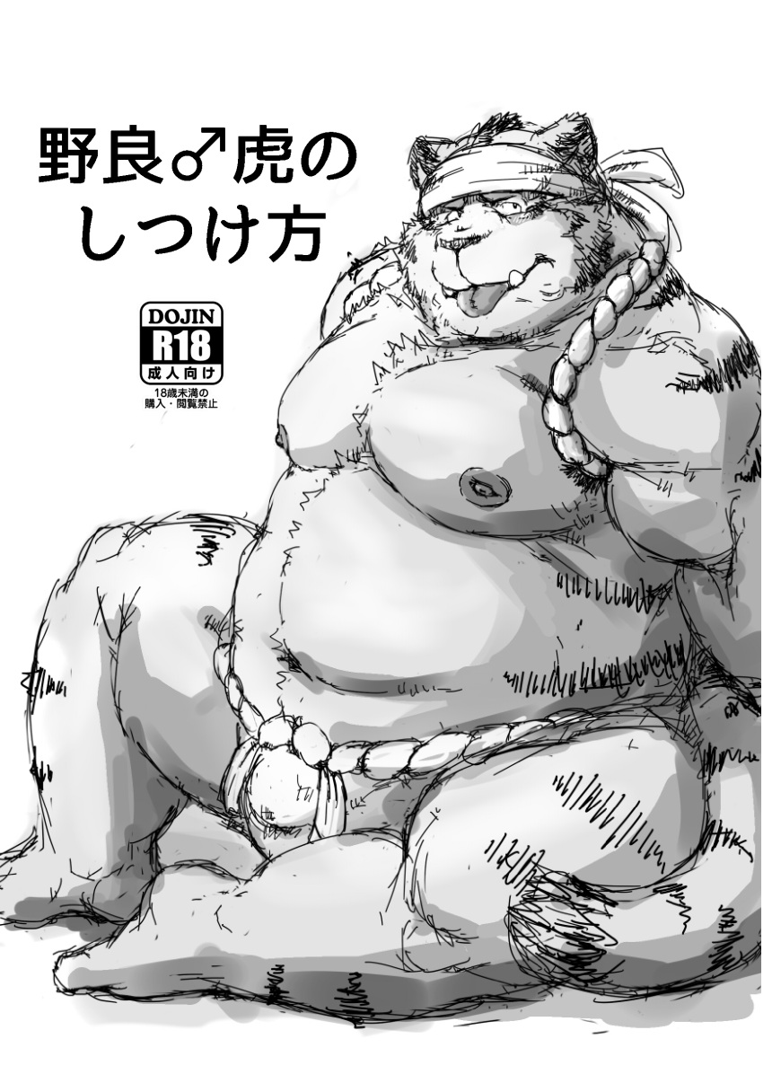 2013 absurd_res anthro asian_clothing belly big_belly bulge clothing east_asian_clothing felid fundoshi hi_res japanese_clothing japanese_text kemono kotobuki male mammal moobs nipples overweight overweight_male pantherine simple_background sitting solo text tiger tongue tongue_out underwear white_background