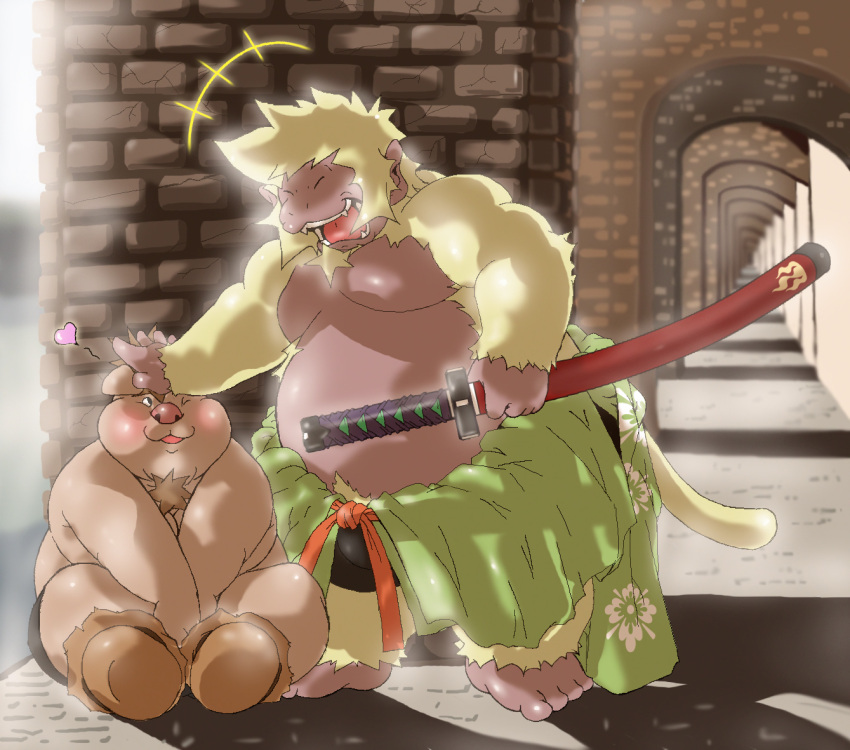 2008 anthro bbn belly big_belly blush detailed_background domestic_pig duo haplorhine humanoid_hands kemono male mammal monkey moobs one_eye_closed overweight overweight_male primate sitting suid suina sus_(pig) weapon young