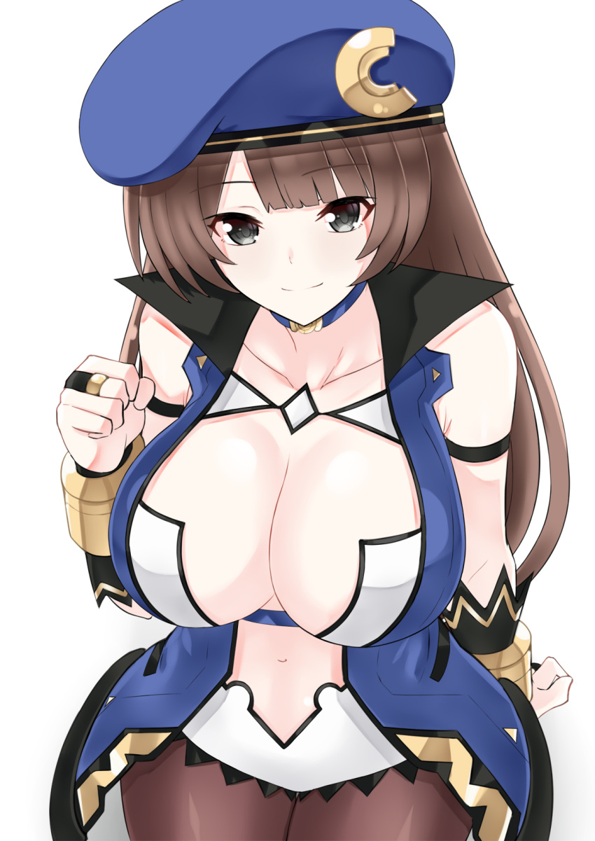 1girl ahoge beret breasts brown_hair c-sha cleavage eyebrows_visible_through_hair grey_eyes hat highres long_hair looking_at_viewer medium_breasts neptune_(series) pantyhose reward_available shin_jigen_game_neptune_vii smile solo zatsu