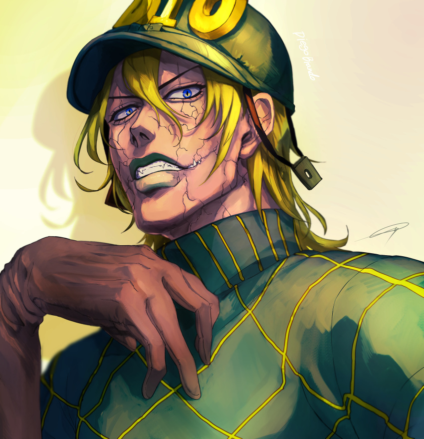 1boy absurdres argyle argyle_sweater blonde_hair cracked_skin diego_brando glasgow_smile gloves green_lips green_shirt hat helmet highres hospital_0434 jojo_no_kimyou_na_bouken male_focus scary_monsters_(stand) sharp_teeth shirt solo stand_(jojo) steel_ball_run sweater teeth turtleneck