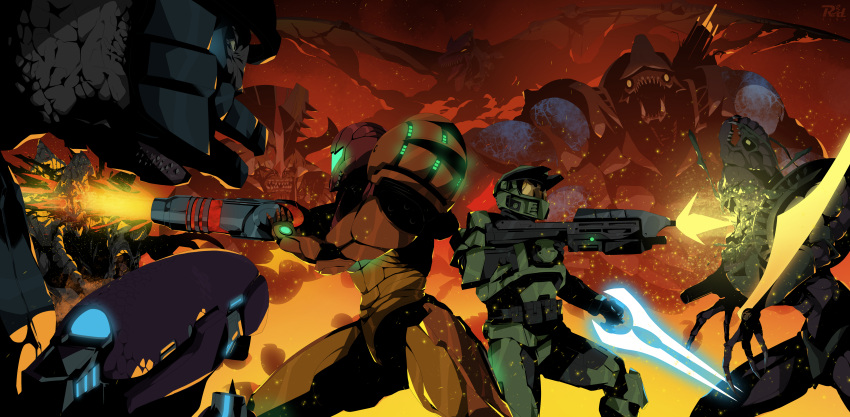 1boy 1girl absurdres action arm_cannon armor assault_rifle battle brute_(halo) bullpup crossover explosion fire firing full_armor glowing gun halo_(series) helmet highres ma5 master_chief metroid metroid_(classic) power_armor power_suit r3dfive rifle samus_aran sangheili science_fiction shoulder_pads space_pirate space_pirate_(metroid) spartan_(halo) type-1_energy_sword varia_suit weapon