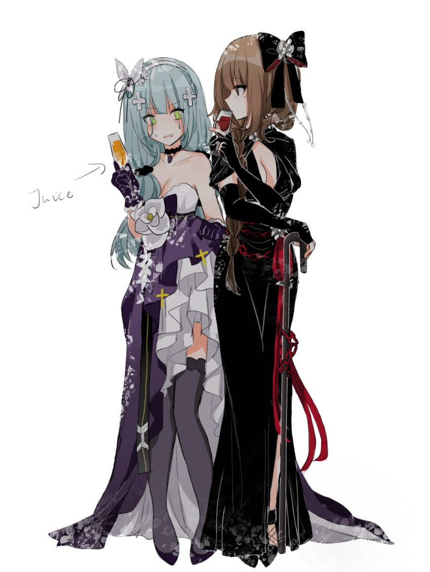 2girls black_dress breasts brown_eyes brown_hair cup dress drinking_glass eyepatch girls'_frontline gloves green_eyes high_heels highres hk416_(girls'_frontline) hk416_(starry_cocoon)_(girls'_frontline) m16a1_(blazer_of_the_trail)_(girls'_frontline) m16a1_(girls'_frontline) multiple_girls shadow71580825 silver_hair strapless strapless_dress