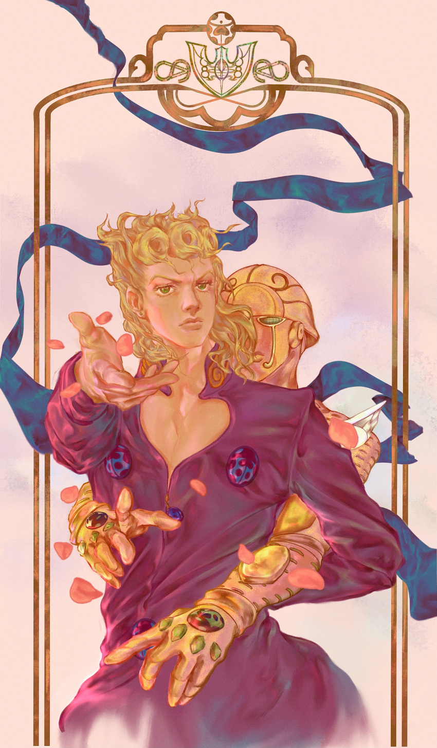 2boys absurdres arrow_(jojo) blonde_hair braid bug flower giorno_giovanna gold_experience green_eyes highres jojo_no_kimyou_na_bouken ladybug male_focus multiple_boys outstretched_hand petals ribbon stand_(jojo) vento_aureo vesta_zc