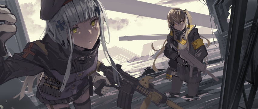 2girls absurdres acog armband assault_rifle beret fujita_(condor) girls'_frontline gloves grip gun h&amp;k_hk416 h&amp;k_ump h&amp;k_ump45 hat highres hk416_(girls'_frontline) holding holding_gun holding_weapon multiple_girls rifle submachine_gun suppressor tactical_clothes ump45_(girls'_frontline) wading weapon