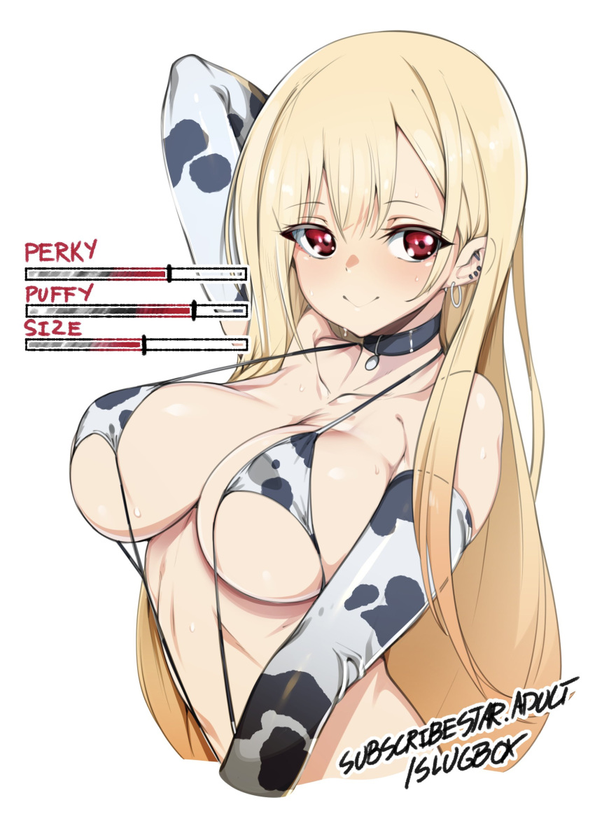 1girl absurdres animal_print arm_behind_head black_choker breasts choker closed_mouth collarbone commentary cow_print ear_piercing earrings english_commentary english_text eyebrows_visible_through_hair highres jewelry kitagawa_marin large_breasts long_hair piercing print_swimsuit red_eyes simple_background slingshot_swimsuit slugbox smile solo sono_bisque_doll_wa_koi_wo_suru sweat swimsuit upper_body white_background