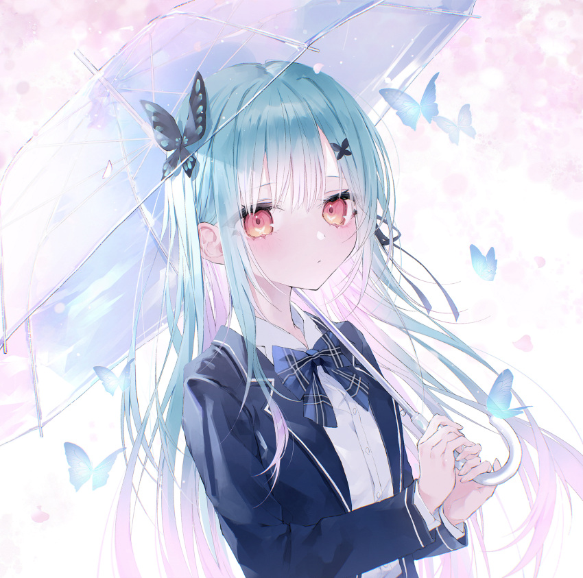 1girl absurdres bangs blue_bow blue_bowtie blue_jacket bow bowtie bug butterfly butterfly-shaped_pupils butterfly_hair_ornament cherry_blossoms closed_mouth commentary_request flat_chest gradient_hair green_hair hair_ornament highres holding holding_umbrella hololive jacket light_blush long_hair long_sleeves looking_at_viewer multicolored_hair pink_hair plaid plaid_bow plaid_bowtie red_eyes school_uniform shirt si10ra sidelocks solo symbol_in_eye transparent transparent_umbrella umbrella upper_body uruha_rushia very_long_hair virtual_youtuber white_shirt