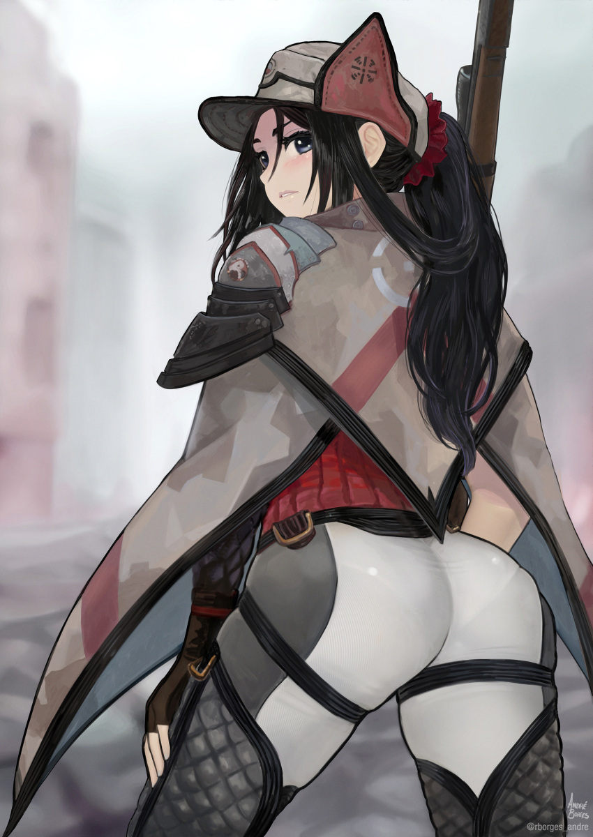 1girl absurdres andre_borges ass ass_focus back black_hair camouflage fingerless_gloves from_behind gloves gun hat highres kai_schren long_hair looking_at_viewer looking_back military military_uniform pants pantylines ponytail red_scrunchie rifle scrunchie senjou_no_valkyria_(series) senjou_no_valkyria_4 skin_tight sniper_rifle solo thighs tight tight_pants uniform weapon