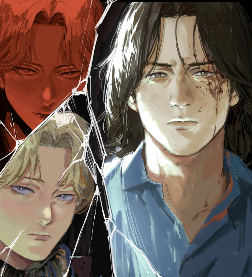 2boys absurdres bangs black_background black_eyes black_hair blonde_hair blood blood_on_face blue_eyes blue_shirt closed_mouth collared_shirt commentary english_commentary eyebrows_behind_hair face furrowed_brow highres johan_liebert lips looking_at_viewer male_focus monster_(manga) multiple_boys nose parted_bangs portrait serious shirt short_hair tenma_kenzou thisuserisalive