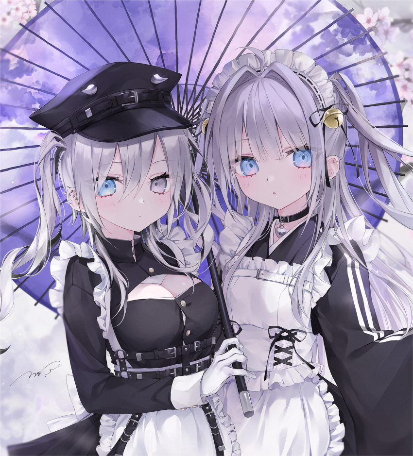 2girls absurdres ahoge apron bangs bell black_choker black_dress black_headwear black_ribbon blue_eyes breasts choker cleavage_cutout closed_mouth clothing_cutout commentary_request cross-laced_clothes double_vertical_stripe dress ear_piercing gloves hair_bell hair_intakes hair_ornament hat heart-shaped_lock heterochromia highres holding holding_umbrella jingle_bell large_breasts long_sleeves looking_at_viewer maid_headdress mikuro_(si10ra) multicolored_hair multiple_girls oil-paper_umbrella original peaked_cap piercing pink_eyes ribbon shigure_(si10ra) si10ra sleeve_cuffs streaked_hair twintails two_side_up umbrella wa_maid white_apron white_gloves wide_sleeves