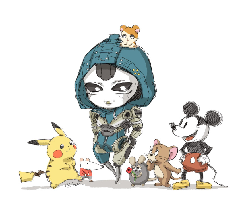 1girl 2boys 4_(4gtsn_) android animal_on_head apex_legends ash_(titanfall_2) black_eyes black_sclera character_request chibi colored_sclera crossover disney flower hamster hamtaro hamtaro_(series) hands_on_hips highres holding holding_flower jerry_(tom_and_jerry) looking_down looking_up mickey_mouse mouse multiple_boys on_head open_mouth pikachu pokemon red_shorts shorts simulacrum_(titanfall) smile tom_and_jerry twitter_username