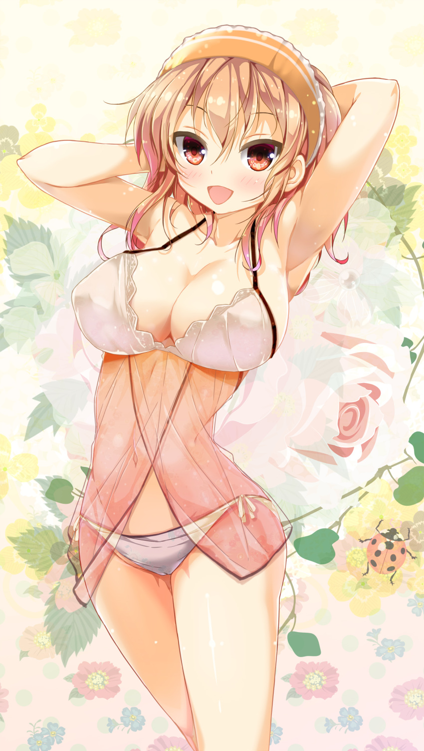 1girl :d absurdres arm_behind_head armpits arms_up babydoll bangs blonde_hair breasts bug cafe-chan_to_break_time cameltoe commentary_request covered_nipples floral_background hair_between_eyes hand_in_own_hair highres ladybug large_breasts lingerie looking_at_viewer multicolored_hair navel nipples open_mouth panties porurin purple_hair red_eyes revision see-through side-tie_panties smile solo tea_(cafe-chan_to_break_time) towel towel_on_head two-tone_hair underwear wet white_panties