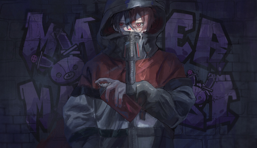 1boy bangs brick_wall bunny commentary_request covered_mouth graffiti highres holding hood hood_up hooded_jacket jacket male_focus original red_eyes red_hair red_jacket short_hair siun_5513 solo spray_can spray_paint upper_body