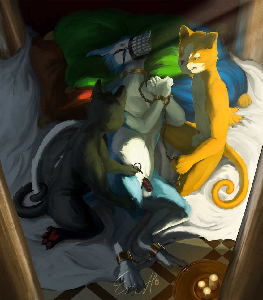 alexblue anthro bdsm bed bedroom bondage bound chain chained chastity_cage chastity_device collar domestic_cat ericherilan felid feline felis fur furniture genitals group hi_res laobao male mammal muzzle_(object) muzzled nude paopao penis sergal