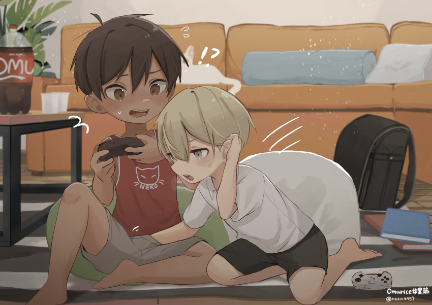 !? 2boys absurdres bag bangs bare_legs bare_shoulders barefoot black_hair blonde_hair book cat child commentary_request controller couch cup dark-skinned_male dark_skin disposable_cup english_text eyebrows_visible_through_hair futon game_controller groping hand_in_pants hand_under_clothes highres holding holding_controller holding_game_controller indoors looking_at_viewer male_focus multiple_boys notebook omurice_(roza4957) open_mouth original pillow reaching red_shirt rug school_bag shirt short_hair short_sleeves soda_bottle table teeth
