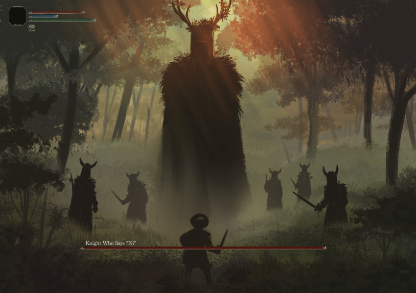 6+others antlers backlighting bush commentary crossover elden_ring english_commentary english_text fog forest from_behind giant health_bar helmet highres holding holding_sword holding_weapon knight knights_of_ni light_rays lizzi_rust monty_python multiple_others nature outdoors silhouette sunlight sword tree user_interface weapon