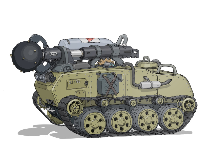 armored_vehicle belt caterpillar_tracks chain commentary_request exhaust_pipe gatling_santouhei gears ground_vehicle highres jerry_can mace no_humans original shadow simple_background vehicle_focus weapon white_background