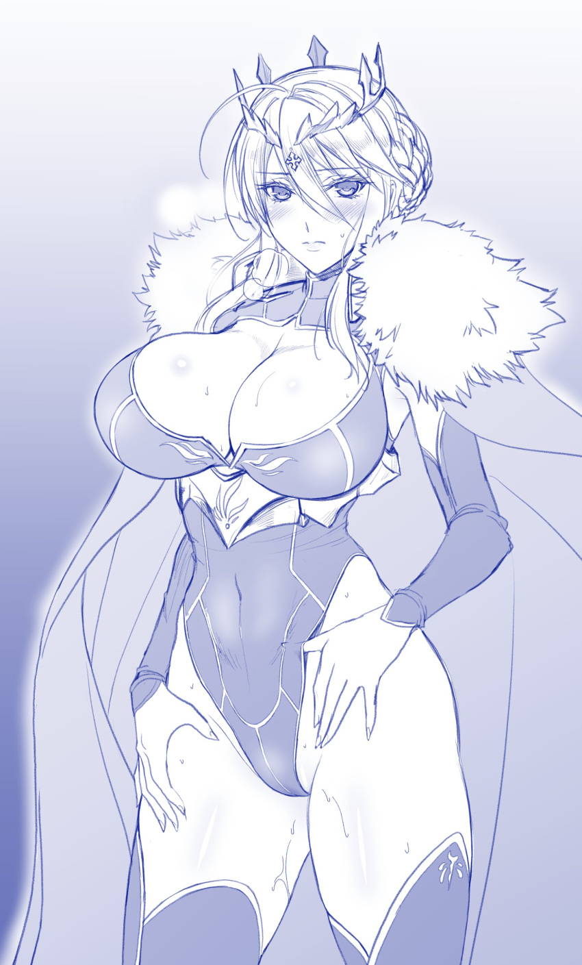 1girl absurdres artoria_pendragon_(fate) artoria_pendragon_(lancer)_(fate) blush breasts cape cleavage crown detached_sleeves fate/grand_order fate_(series) highres komori_kei large_breasts leotard looking_at_viewer monochrome solo sweat sweatdrop thighhighs thighs