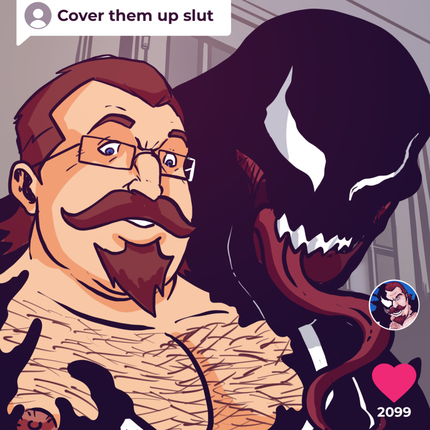 body_hair bym canonical chest_hair cover_them_up_slut duo eyewear glasses hair hi_res long_tongue male male/male marvel max_modell nipple_fetish nipple_play pecs professor red_hair scientist sharp_teeth surprised_expression symbiote teeth tongue venom venom_(marvel)