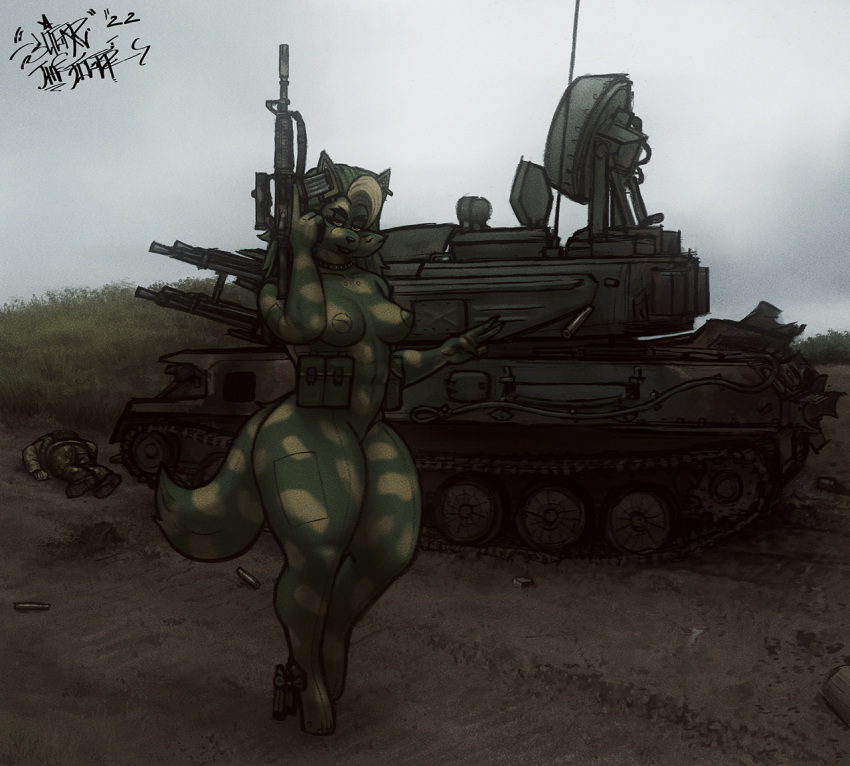 2022 4_fingers animatronic anthro assault_rifle bodypaint bodysuit breasts camo canid canine canis clothed clothing collar ear_piercing face_paint female fingers five_nights_at_freddy's five_nights_at_freddy's:_security_breach gun hair high_heels lips looking_at_viewer machine mammal narrowed_eyes outside piercing ranged_weapon rifle robot roxanne_wolf_(fnaf) scottgames signature skinsuit sligarthetiger solo standing tank thick_bottom_lip thick_thighs tight_clothing vehicle video_games weapon wide_hips wolf yellow_eyes