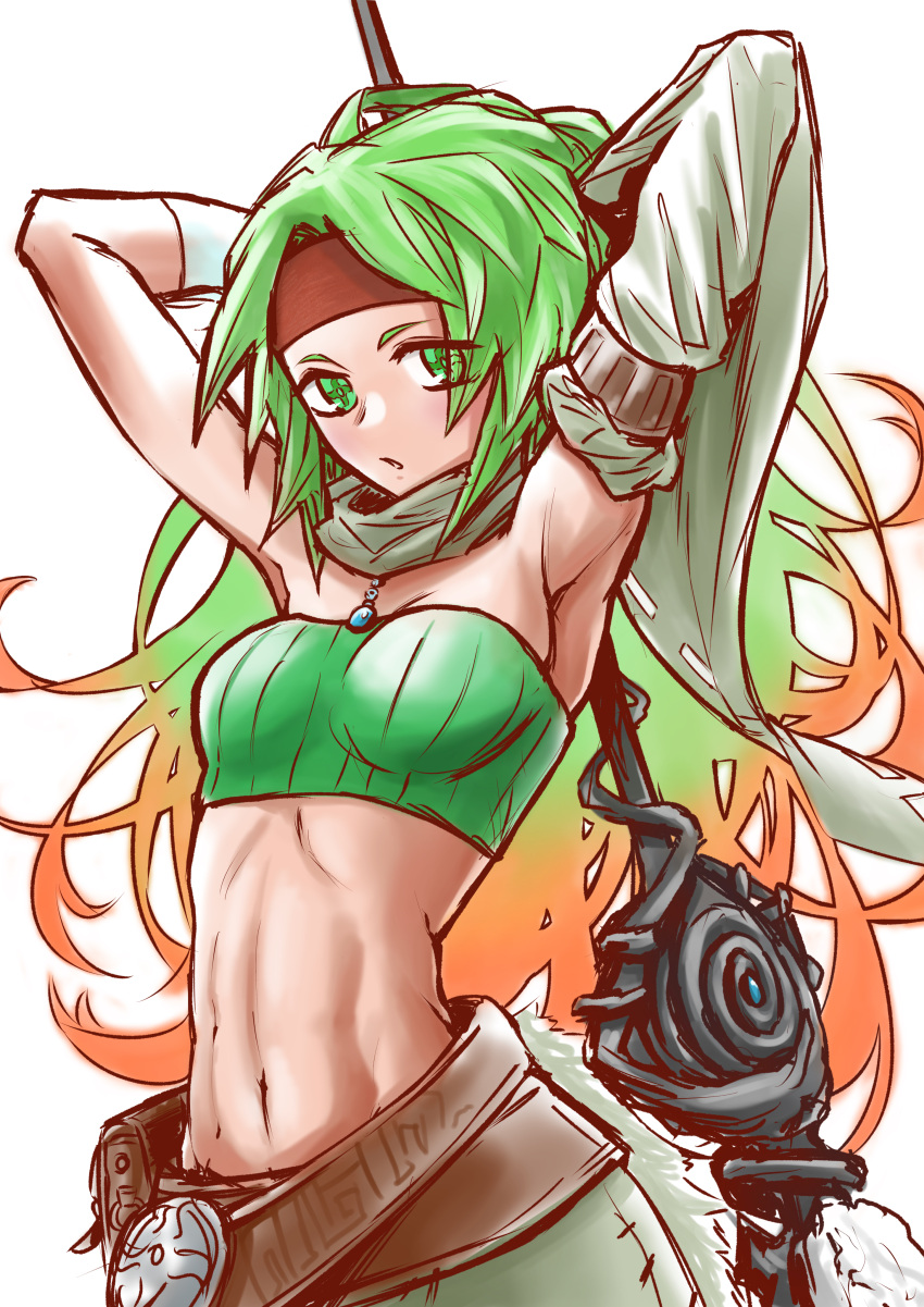 +_+ 1girl abs absurdres armlet armpits arms_up bangs bare_shoulders belt belt_pouch breasts brown_belt cleavage commentary_request cowboy_shot detached_sleeves duel_monster fur gradient_hair green_eyes green_hair green_skirt green_sleeves green_tube_top groin headband highres holding holding_staff kyohei_inoue long_hair looking_at_viewer medallion midriff multicolored_hair navel orange_hair parted_hair parted_lips partial_commentary pouch red_headband reeze_whirlwind_of_gusto scarf sidelocks simple_background single_detached_sleeve skirt small_breasts solo staff standing strapless tube_top two-tone_hair white_background wide_sleeves yu-gi-oh!
