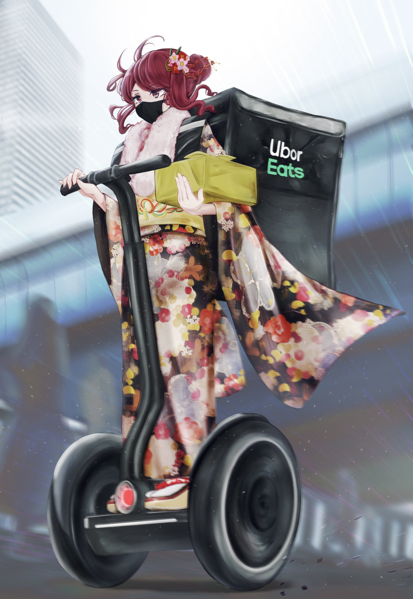 1girl absurdres black_kimono blurry blurry_background box brand_name_imitation cityscape eyebrows_visible_through_hair floral_print flower food_delivery_box full_body fur_scarf furisode hair_flower hair_ornament highres holding holding_box japanese_clothes kanzashi kimono long_hair lunchbox maisondecante mask motion_blur mouth_mask obi obijime okobo original outdoors pink_flower print_kimono purple_eyes red_flower red_hair riding sash segway solo_focus surgical_mask tabi tied_hair uber_eats white_legwear wide_sleeves